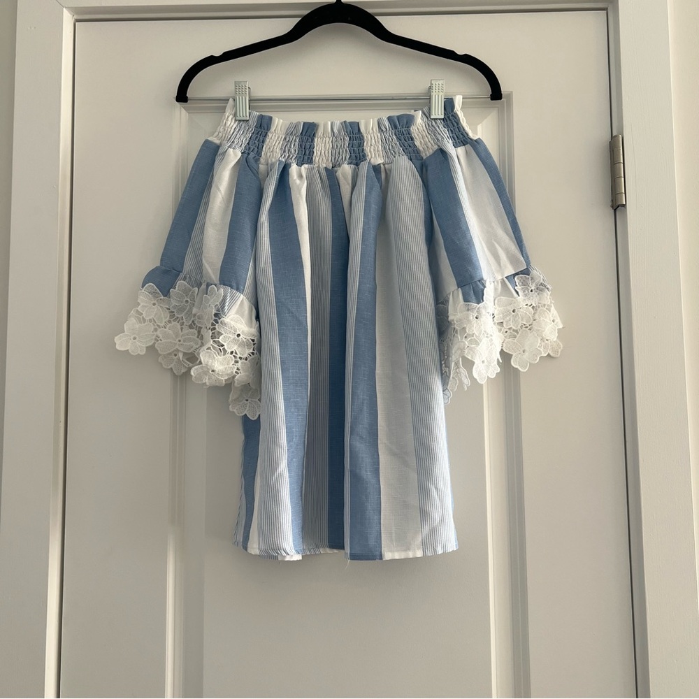 Blue & White Stripe Off The Shoulder Top with Lace Details